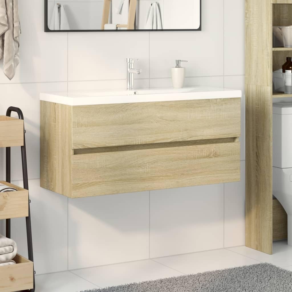 2-częściowy zestaw mebli łazienkowych z szafką pod umywalkę z materiału drewnopochodnego w kolorze dębu sonoma i białej umywalki ceramicznej 100 x 38,5 x 45 cm, zajmuje mało miejsca, wiszące
