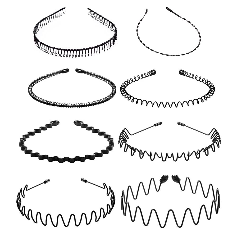 ORiTi8 Pieces Metal Headbands Unisex Hair Bands Wavy Spring Headband Non-Slip Metal Hair Hoop for Women Men Sports Fashion Hair Accessories Black