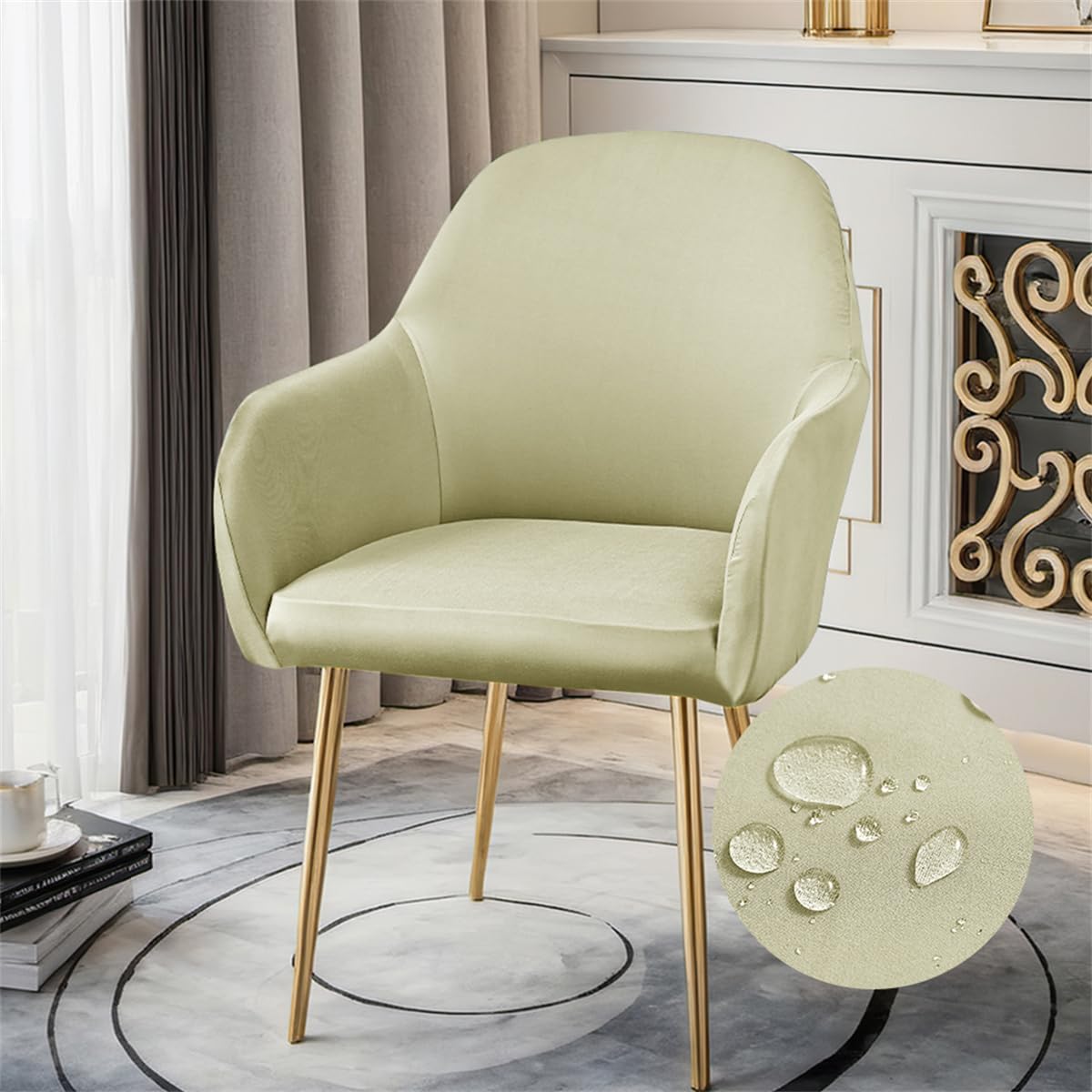 Highdi Waterproof Stretch Dining Chair Covers Soft Curved Back Chair Slipcovers with Armrest, Vanity Swivel Armchair Cover Removable Washable for Bedroom Party Hotel (Beige,4 PCS)
