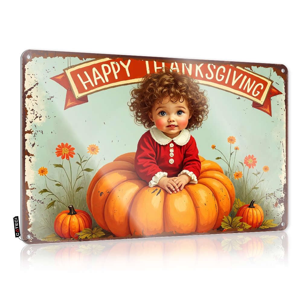 Tin Poster Graduation Gift | A Child Sits On A Large Pumpkin With "happy Thanksgiving" Written Above. Small Pool Decoration(20X30CM)