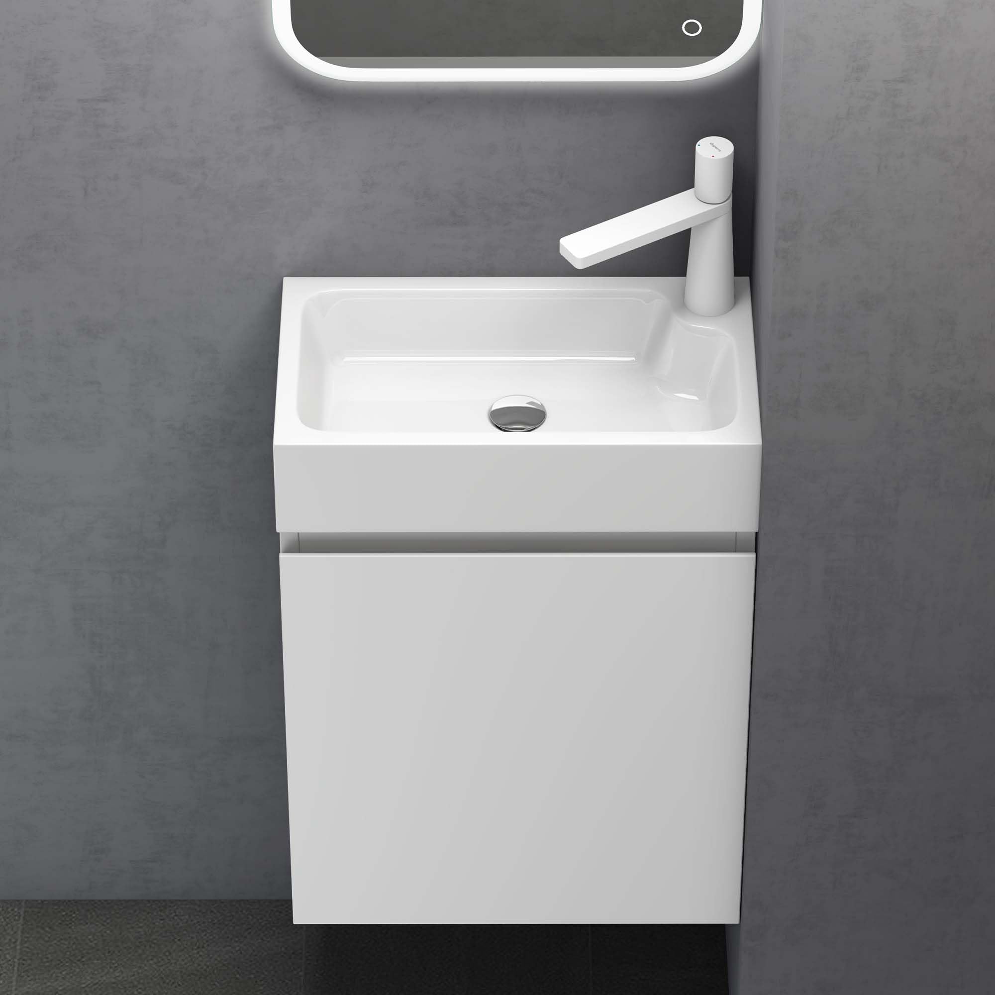 doporro Badmöbel Set Waschtisch mit Unterschrank Waschbecken-Unterschrank für Gäste-WC 46cm in matt weiß Design Waschplatz Wandmontage Pisa 02