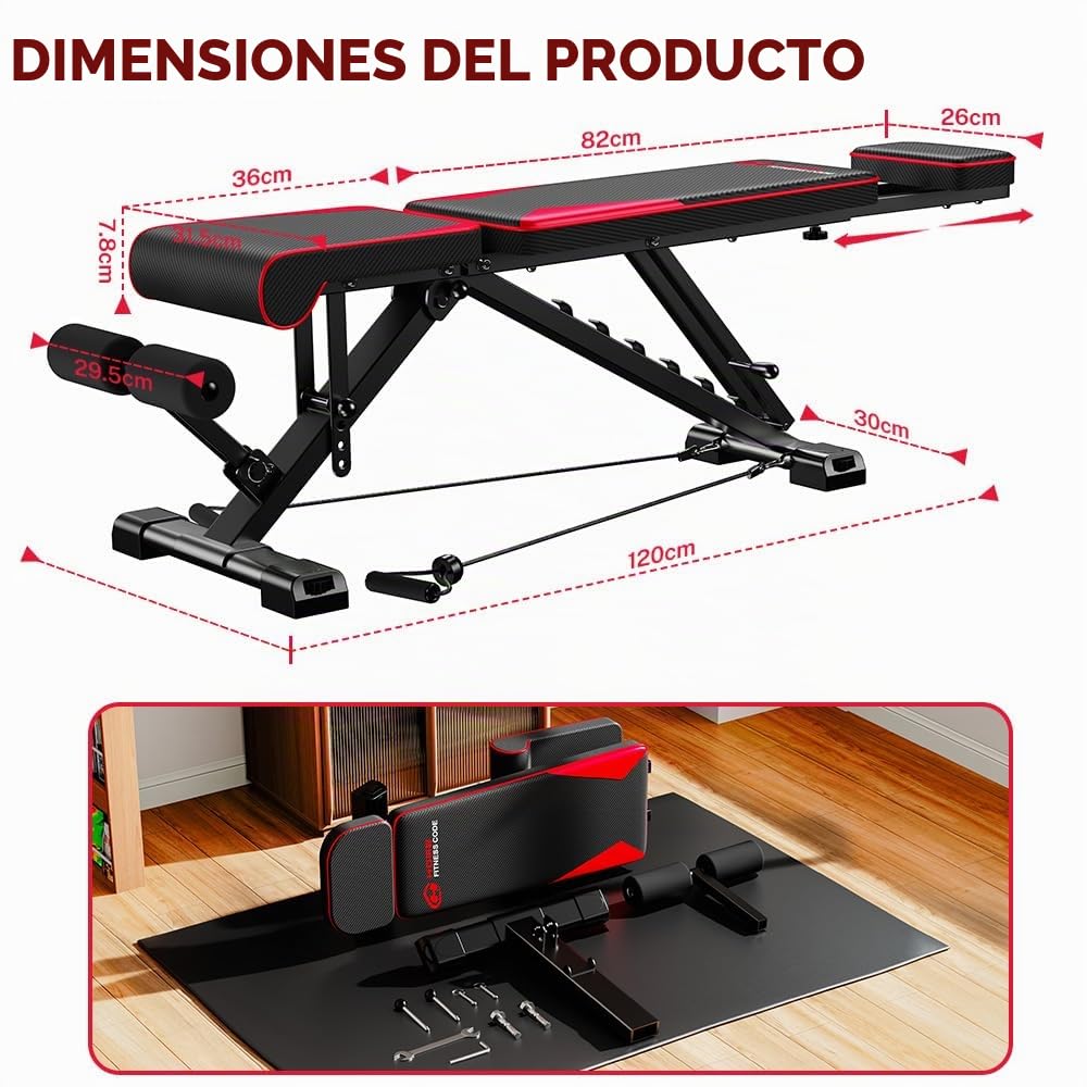 Banco de peso ajustable plegable con bandas de resistencia, capacidad de 300KG/660lbs, respaldo de 8 posiciones y marco de acero de aleación de plegado rápido para gimnasio en casa