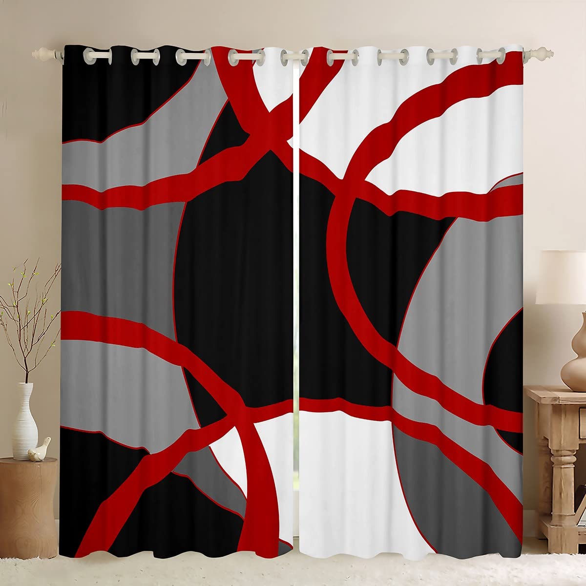 Homemissing Red Grey and Black Darkening Dreapes Retro Circle Window Curtains Modern Geometric Blackout Curtains Retro Stripe Swirl Window Treatments Modern Abstract Art W66*L72 — image 1