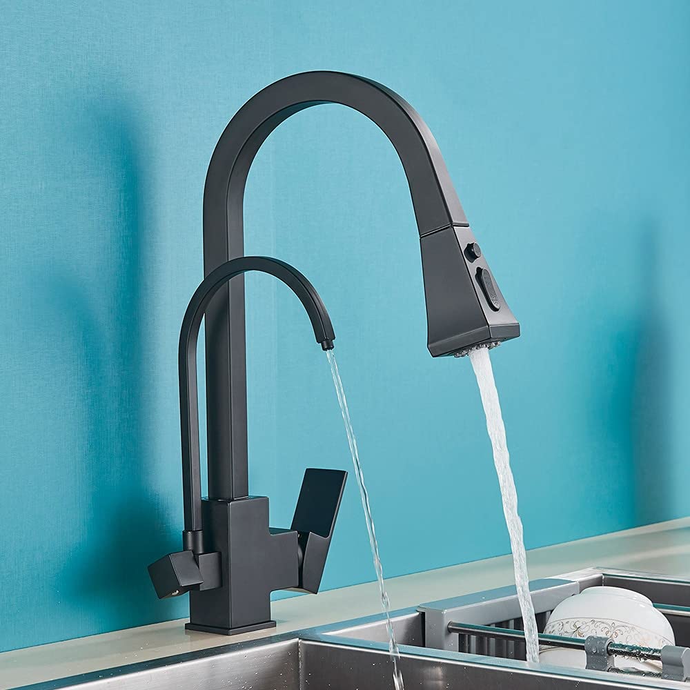 Wiquybml Matte Black-A Modern Dual Handle Kitchen Faucet With Water Purifin Feature 360 Degree Rotation Mixer Tap For Waterfilter Taps Easy To Install Deck Mounted Sink (Matte Black)