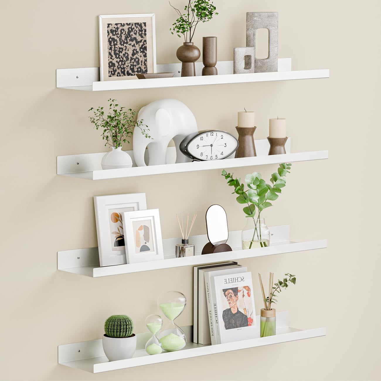 BYCY Metal Floating Shelves Set of 4,23.6 inch Nursery Book Shelves for Wall Mounted,Wide Magnetic Book Display Wall Shelves for Classrooms Kitchen Bedroom Room Decor (White)