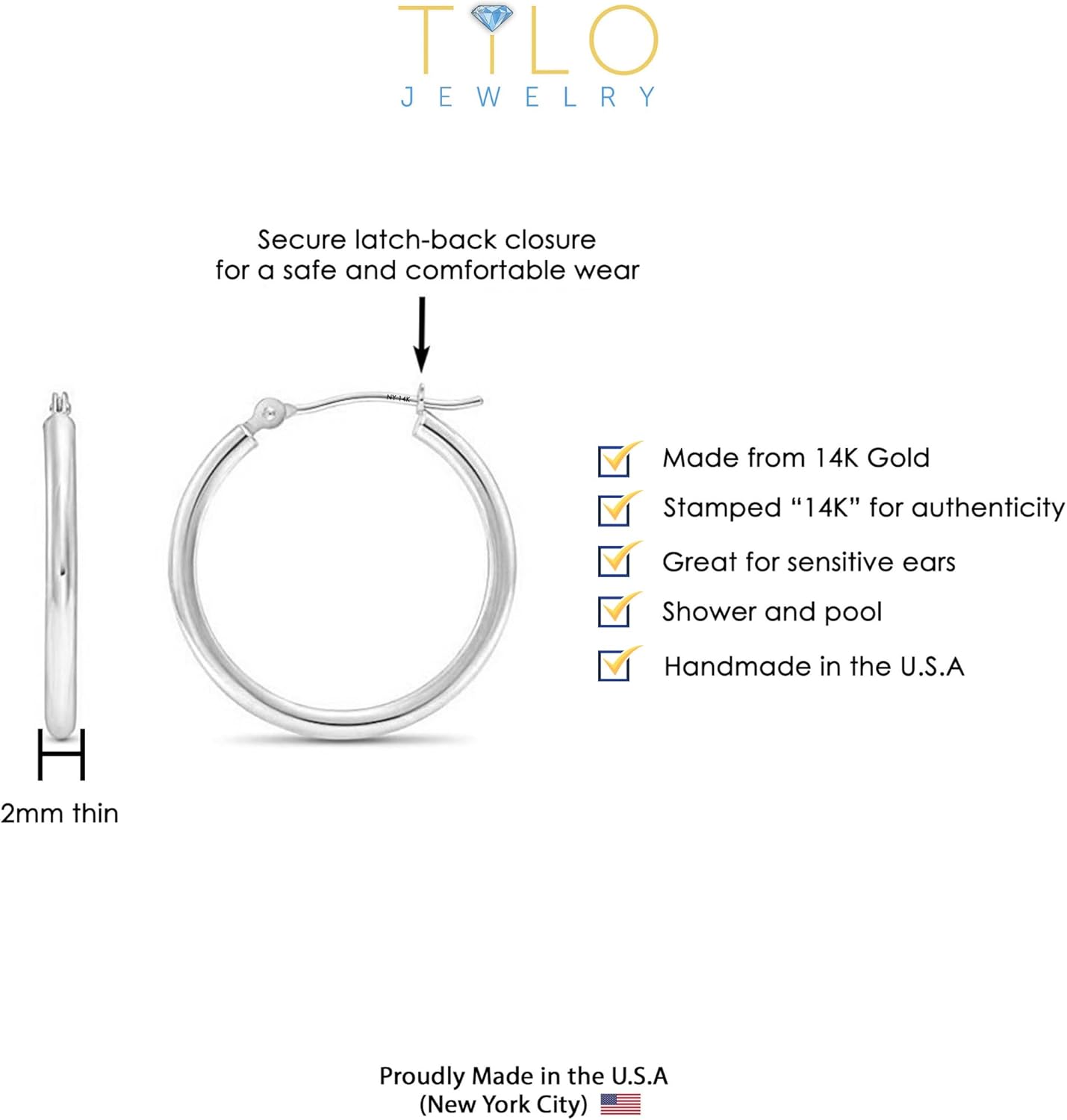 14k White Gold Classic Round Hoop Earrings - Image 4