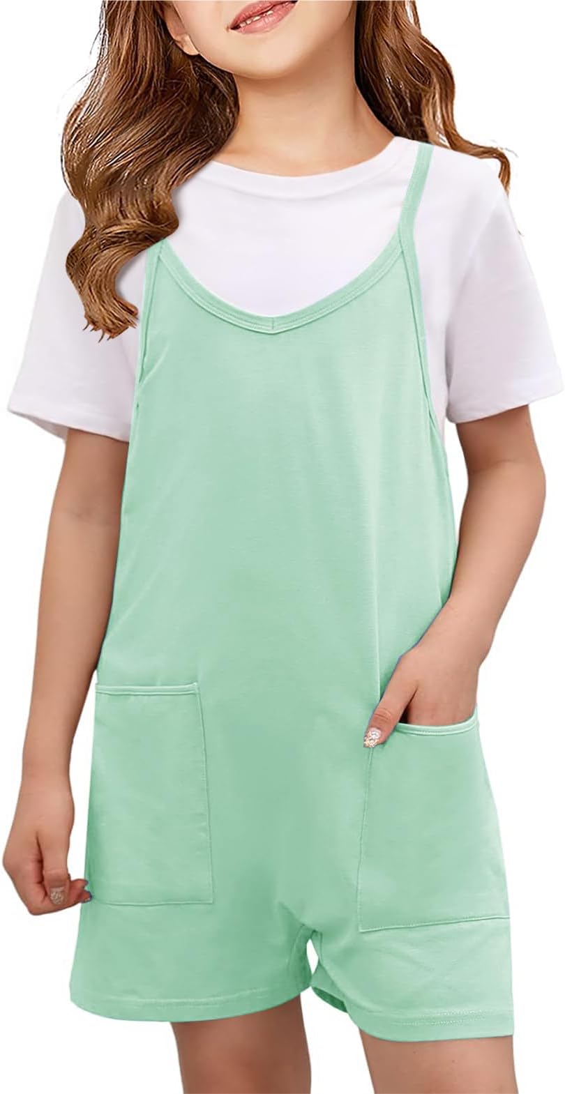 Girls Summer Jumpsuits Spaghetti Strap Sleeveless Loose Romper Short Pants with Pockets 5-14 Years