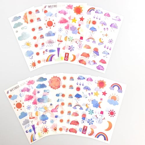 Miniatura 2 de Paquete de 2 calcomanías meteorológicas para álbumes de recortes, diseño de dibujos animados, nubes, días soleados, gotas de lluvia, estrellas, arco
