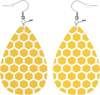 Zokola Bee Honeycombs Water Drop Earrings, Geometric Yellow And White Bee Honeycombs Dangle Earrings Jewelry Teardrop Leather Earrings For Mom Sister Girlfriends