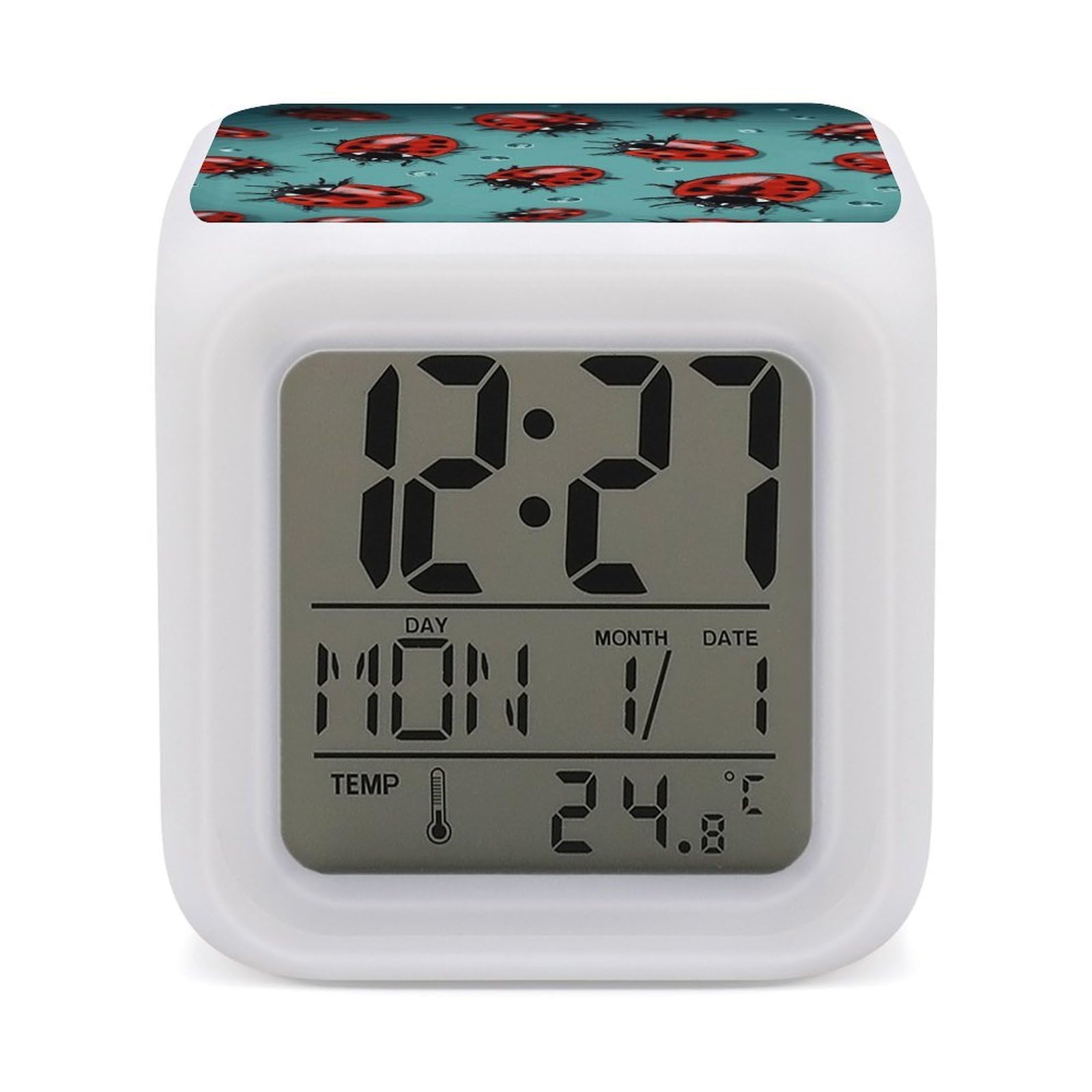FekiLoot Red Ladybugs On A Blue Background Alarm Clock with 7 Color Changing Night Light,Battery Operated Digital Clocks with Temperature Display Tiny Electric Clock LED Sleep Timer for Room Decor