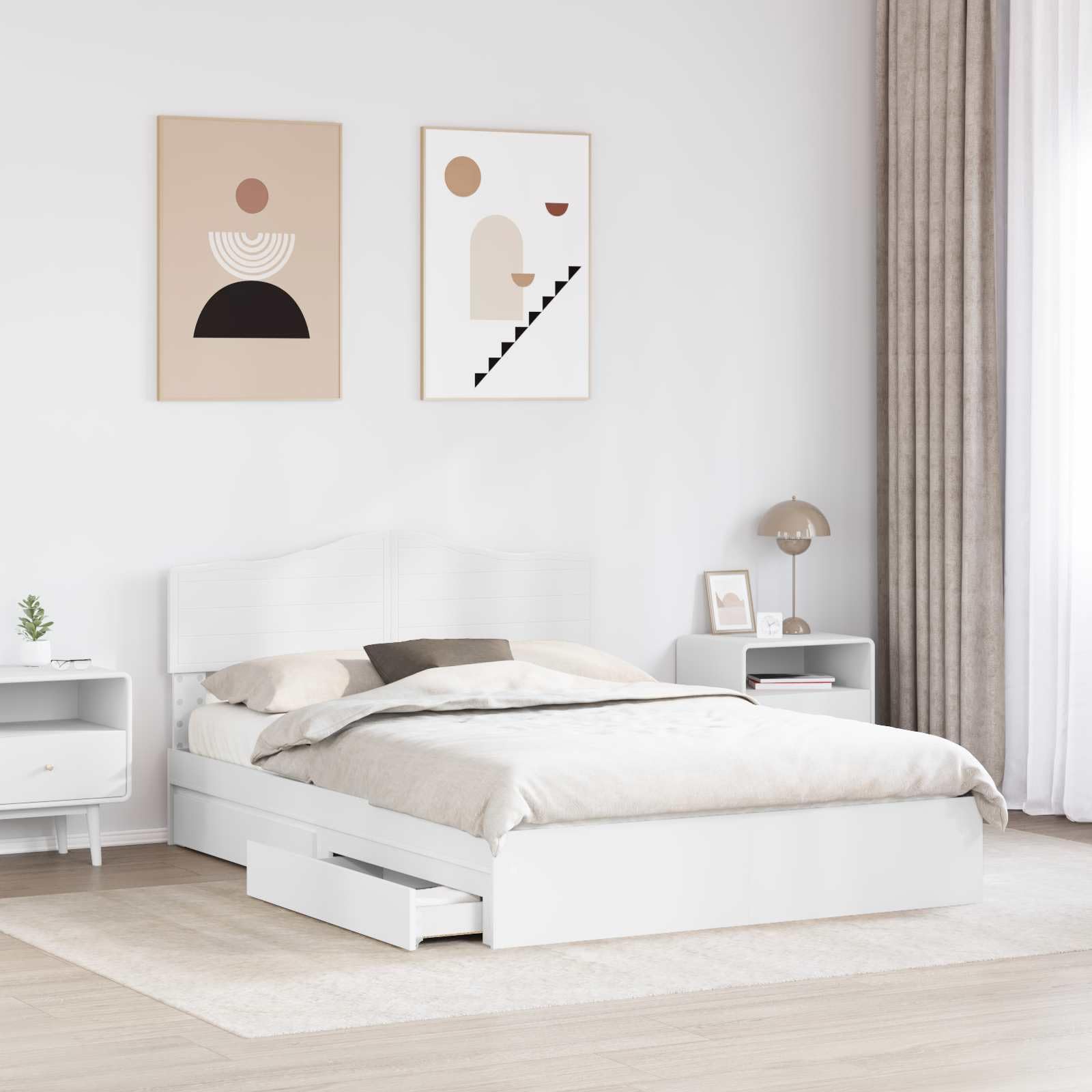 Drewnopochodna rama z pojemnikiem minimalistyczna biały 140x200 cm