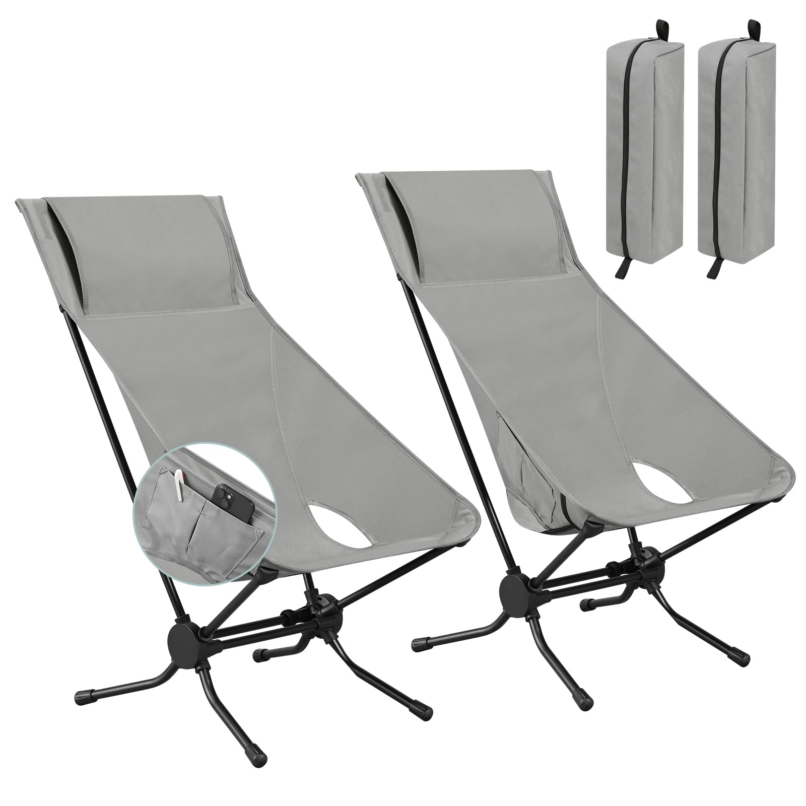 WOLTU 2 x Silla Camping Plegable, Silla Exterior ALU Ultraligera, Carga de 150 kg, Respaldo Alto, Silla de Pesca Portátil con Bolsa de Transporte para Playa, Picnic, Senderismo, Gris, CPS8157gr-2