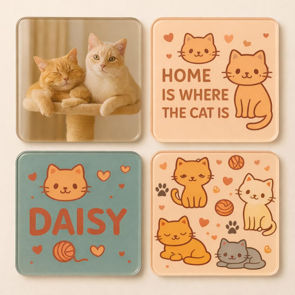 The Plum Penguin Whisker Haven Acrylic Coaster Gift Set - Personalised Photo Coaster Cat Lover's Home Decor - Square Shape Unique Cosy Lifestyle Drinkware