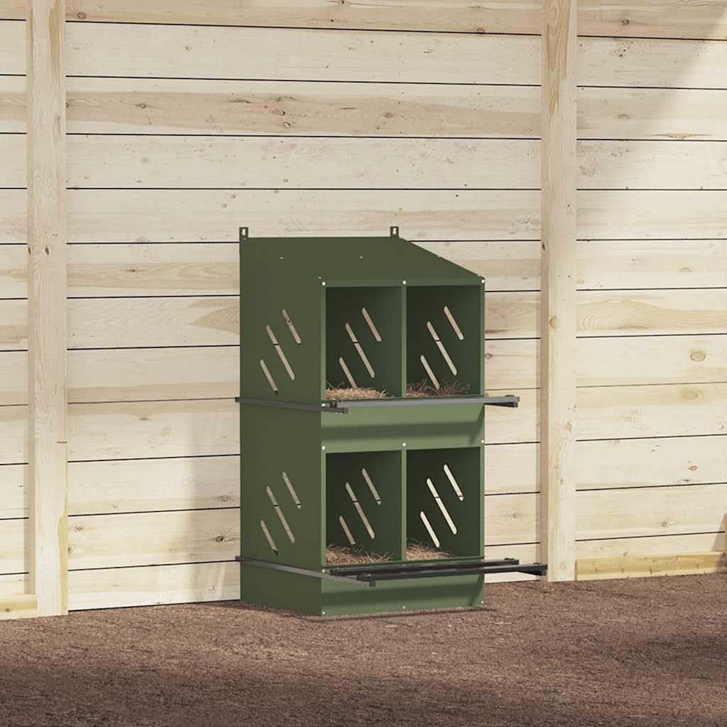 Brokky 864353 Nido per Polli con 4 Scomparti in Metallo Verde Oliva Nido per Galline Ovaiole,Ideale Pollaio Interno ed Esterno Tetto Spiovente