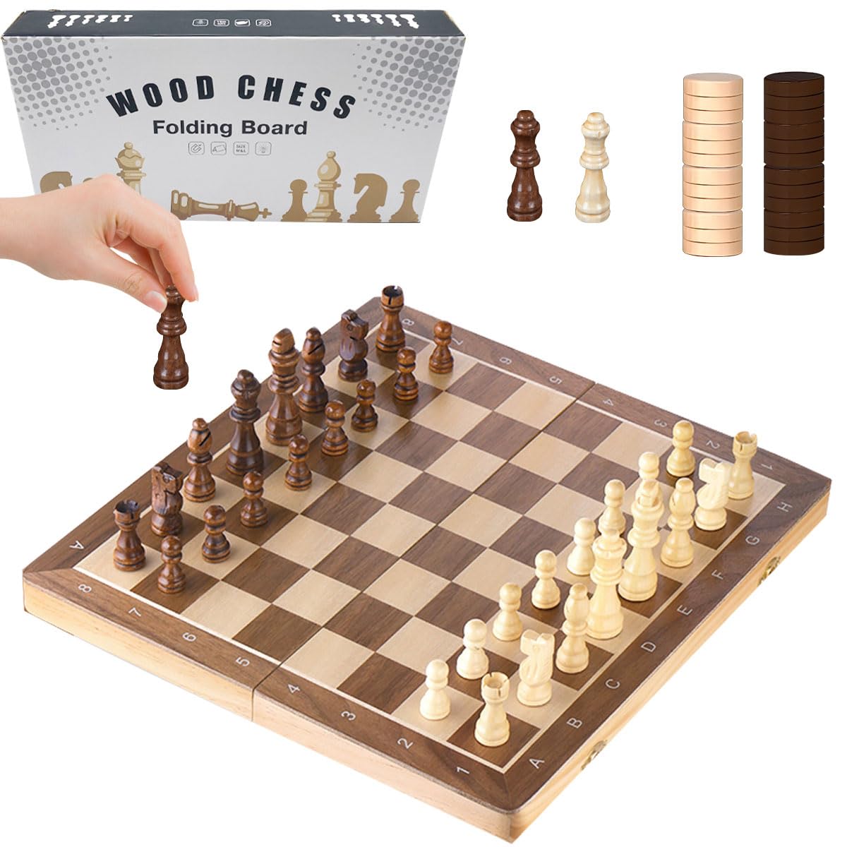 Magnetic 2-in-1 Folding Wooden Chess Board Set - Portable Travel Chess Game with Crafted Pieces & Storage Slots for Kids & Adults