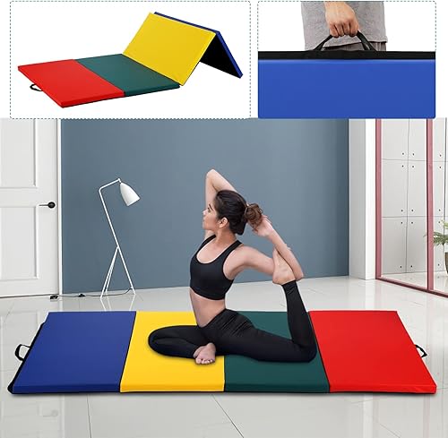 Miniatura 8 de Colchoneta de gimnasia para niños y adultos, plegable, extragruesa, con asa de transporte, 6 x 2 pies, antidesgarros, ligera, esterilla de ejercicio