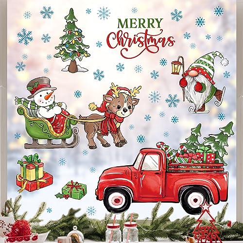 Mfault 158 PCS Merry Christmas Window Clings 4 Sheets, Snowman Gnome Farmhouse Red Truck Xmas Tree Stickers Decal Decorations, Winter Snowflake Deer Sleigh Living Room Home Kitchen Decor Holiday Gift