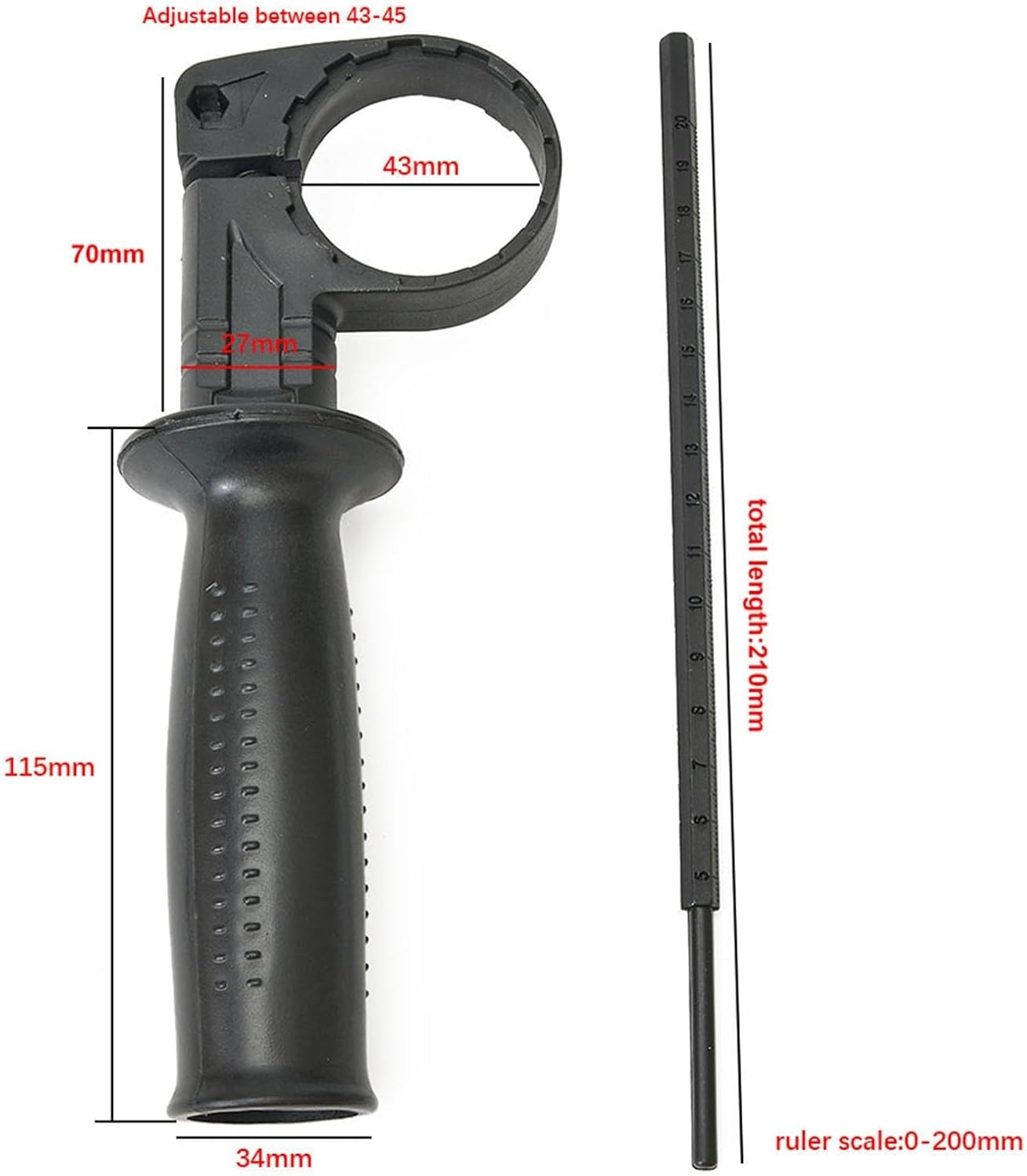 Hammer Drill Side Handle for Electric Drill Grinder, Adjustable Auxiliary Grip, Comfortable Plastic Handle, Black