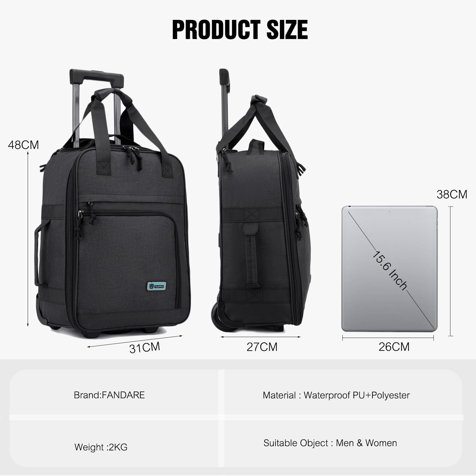 FANDARE Plecak na kółkach na laptopa 15,6 cala bagaż, Czarny (Black), L, zwykły | Mężczyzna Kobieta Torba na kółkach Bagaż podręczny Kabina 2 w 1 Lekka walizka podróżna Profesjonalna torba na kółkach