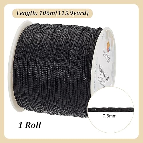 Miniatura 2 de PH PandaHall Cordón de poliéster encerado negro de 0.020 in, cuerda encerada de 116 yardas, cuerda de cera redonda para cuentas de cintura, pulsera,