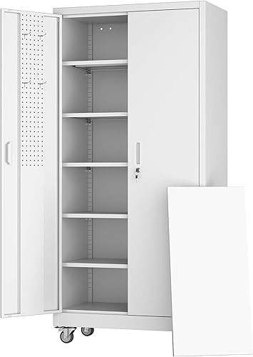 Miniatura 8 de Aobabo Armario de almacenamiento de garaje con tablero de clavijas de puerta, armario de almacenamiento de metal con cerradura con 5 estantes