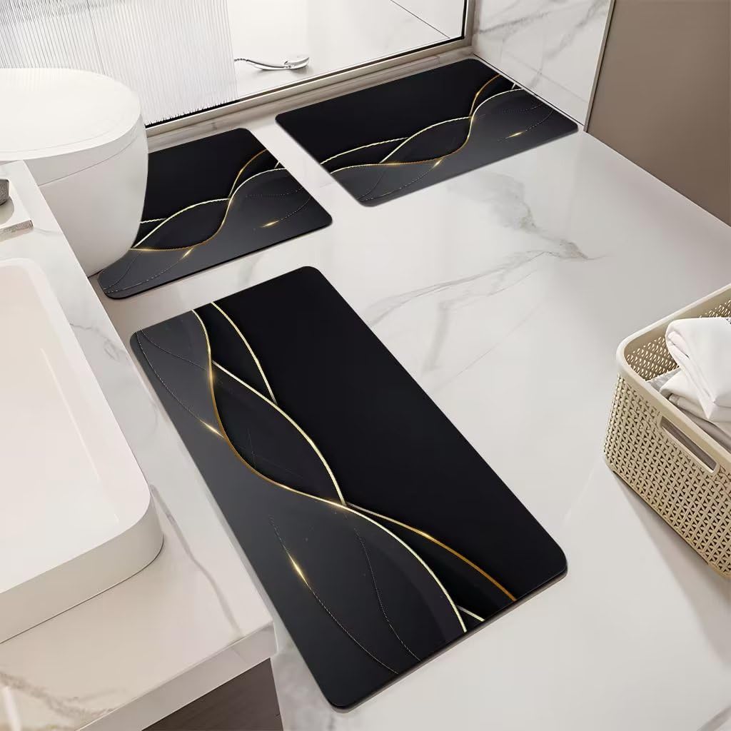 Tappeto Bagno Linee Oro Nero Tappeti Bagno 3 Pezzi Asciugatura Rapida Diatomite Facile da Pulire Doccia Antiscivolo Assorbente Set Tappeti 3 Pezzi