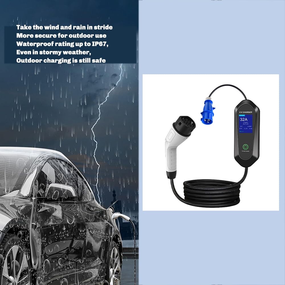 Cargador Portátil EV Monofásico de 7 KW y 32 A para Vehículos Eléctricos. Cable de Carga Rápida EVSE. Compatible con para WiFi y Aplicación. Control Bluetooth.