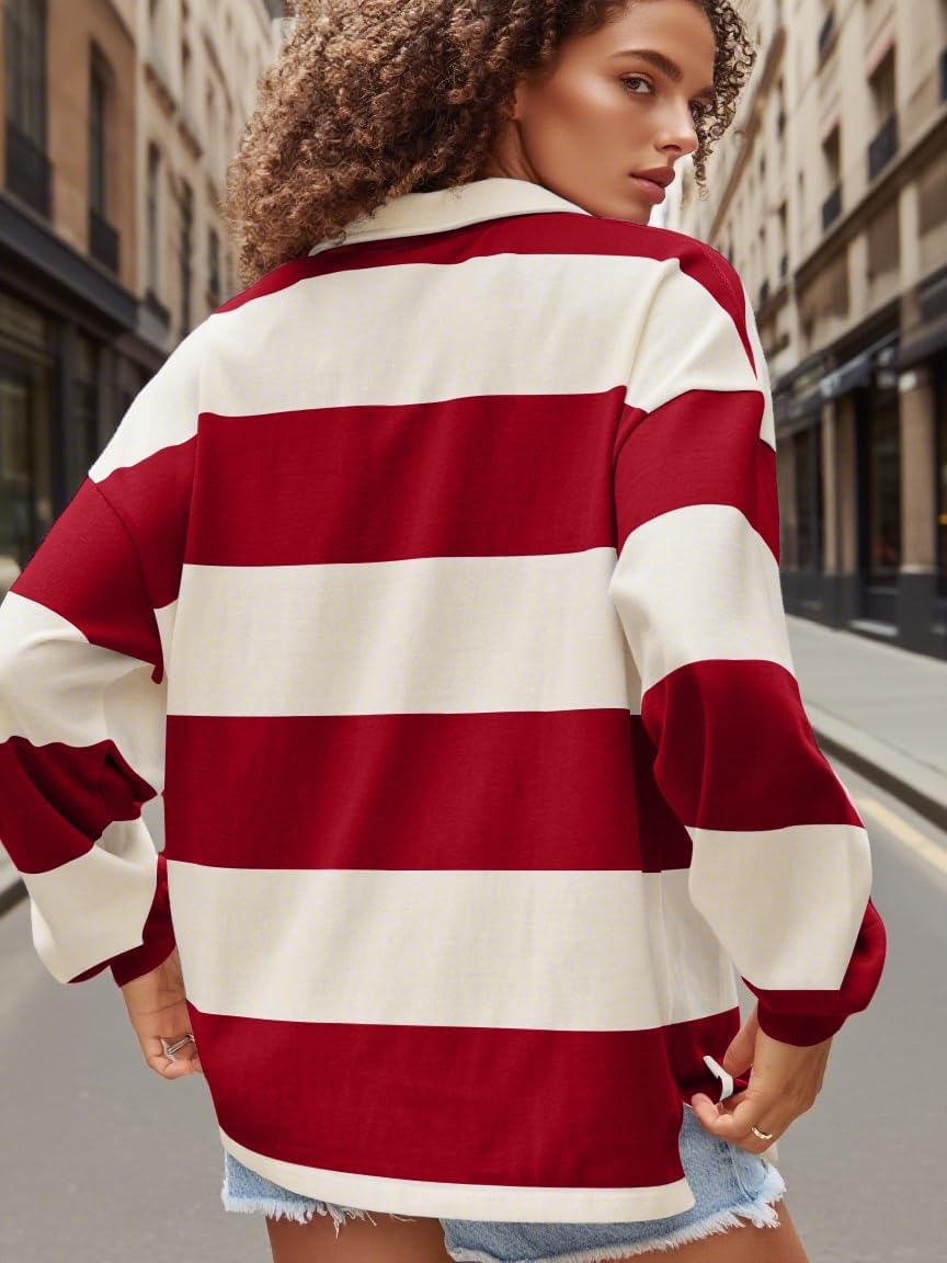 Women Striped Polo Sweatshirt Oversized Long Sleeve Lapel V Neck Pullover Shirt Trendy Rugby Shirts - Image 4