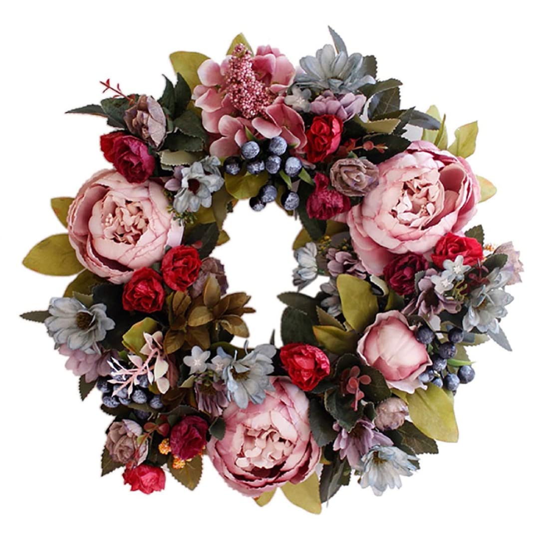 Hperu 13.78 Inch Artificial Peony Wreath, Hanging Simulation Spring Decorative Wreaths Garland Decoration for Door Window Home office