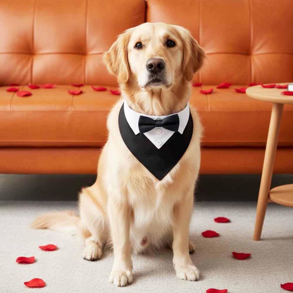 Bandana per Cani Formale 36-60 CM,Collare Smoking Cane con Foulard e Papillon,Sciarpa Cravatta Cane Regolabile,Costume Elegante per Animale Domestico per Matrimoni, Compleanni, Festa - Nero