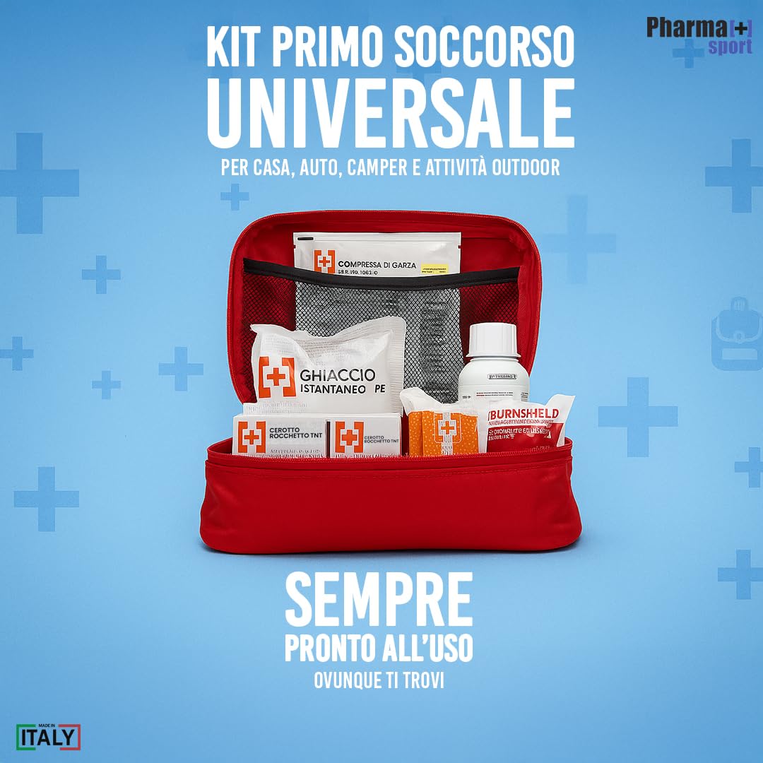 PHARMAPIÙ SPORT – Kit Primo Soccorso per Casa, Auto e Viaggio | Borsa Emergenza Completa con Garze, Cerotti, Disinfettante e Guanti | MADE IN ITALY