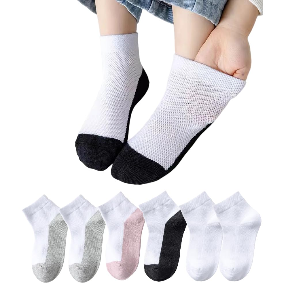 [ZGKULAEAOW] 足底濃色 子供 スクールソックス メッシュ 春夏 キッズ ショート丈 男の子 女の子 ジュニア 白 汚れが目立たない靴下 通学用 スニーカー丈 6足セット