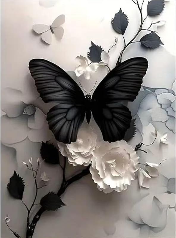 Butterfly Flower Diamond Art Kits for Adults,5D Diamond Painting 12 X 16in | Black Butterfly Diamond Painting Kits for Beginners,DIY Diamond Dots Paintings Picture Arts Craft for Adults,Home Wall Decor