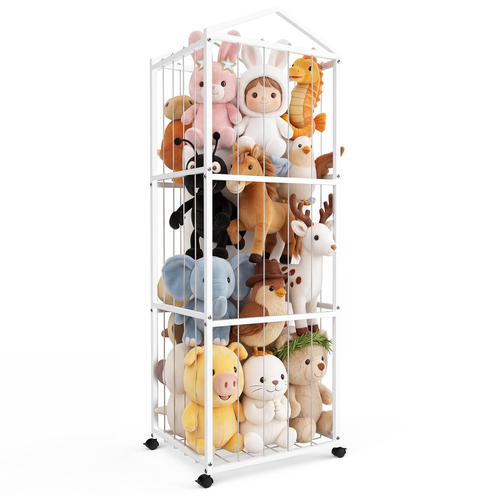 Photo 1 of [DIRTY & SLIGHTLY RUSTED] NomNest Stuffed Animal Storage Zoo, Large Metal Plushies Organizer, Heavy Duty Metal Teddy Bear Toy Holder with Wheels for Kids' Bedroom & Playroom & Nursery (Wheeled, White)