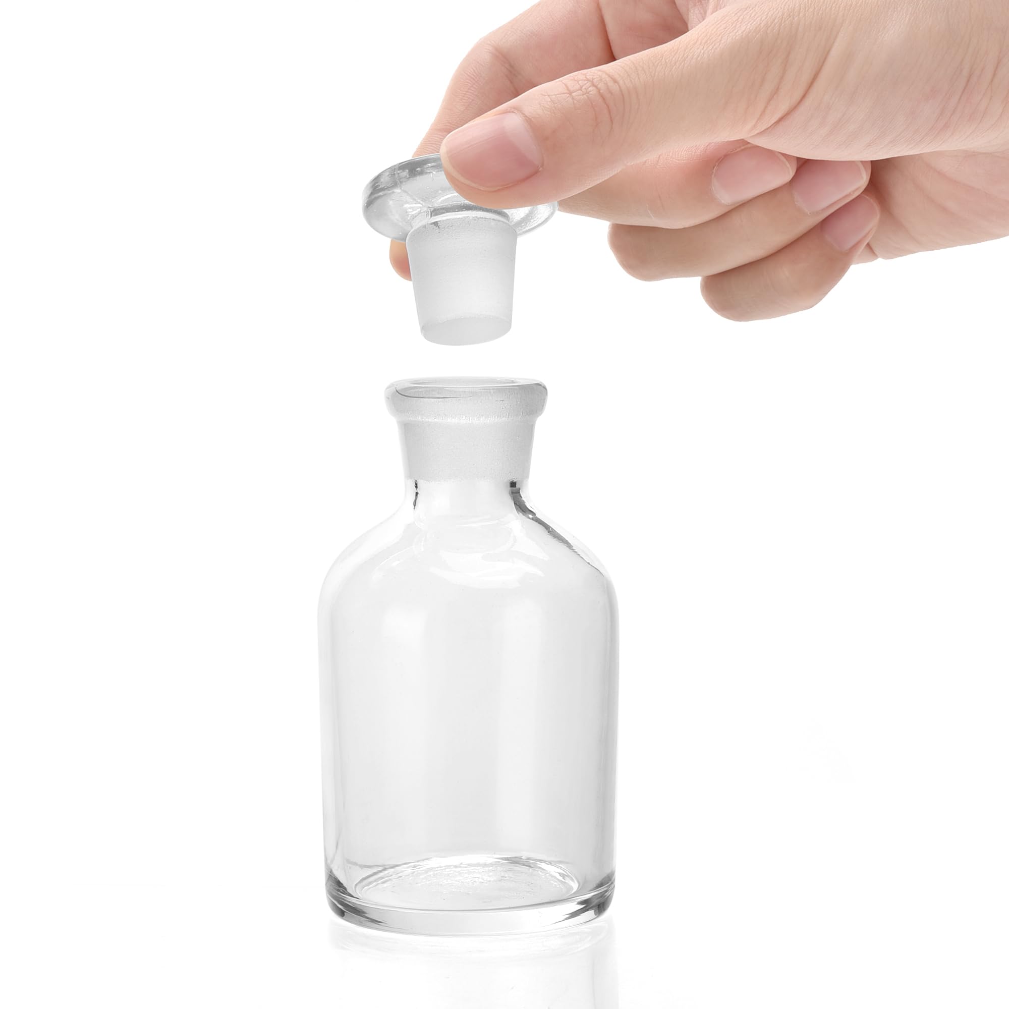 Paquete de 2 botellas de reactivo de vidrio, botella de reactivo de vidrio de borosilicato de boca estrecha, con tapón de vidrio molido estándar para laboratorios (transparente, 125 ml)