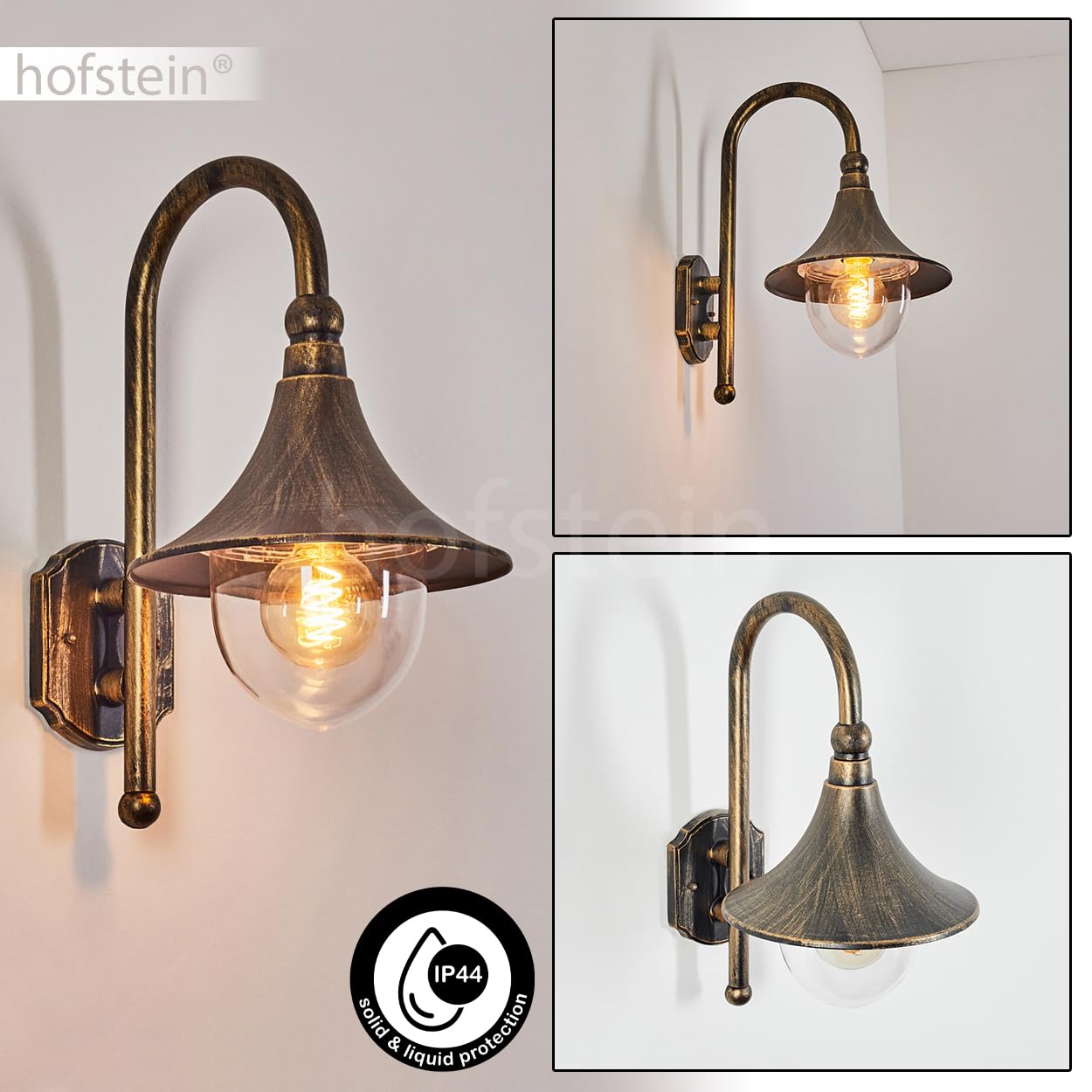 HOFSTEIN Außenwandleuchte Elgin, Außenwandlampe aus Metall/Kunststoff in Braun-Gold/Klar, Wandleuchte Down außen im Landhaus/Retro/Vintage-Stil, E27, IP44, Hof, Eingangsbereich, Terrasse, Haustür