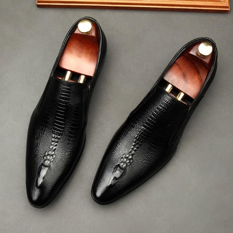 Men's Vintage Crocodile Print Slip On Dress Shoes Pointed Toe Comfort Breathable Chunky Heels Dress Shoes for Business Work Dating4