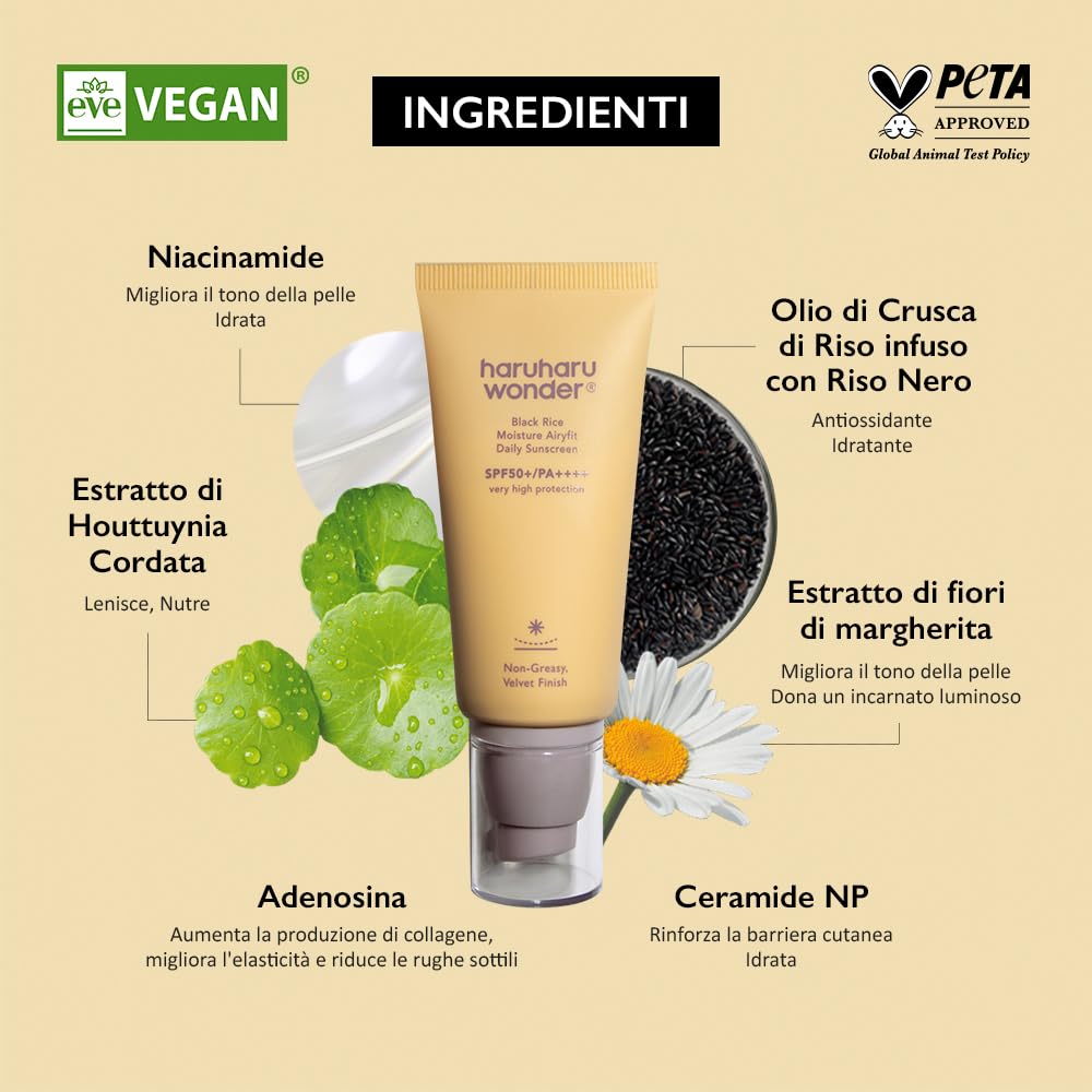 haruharu wonder Black Rice Moisture Airyfit Daily Sunscreen, Effetto Setoso, Non-grasso, Senza residui bianchi, 50ml