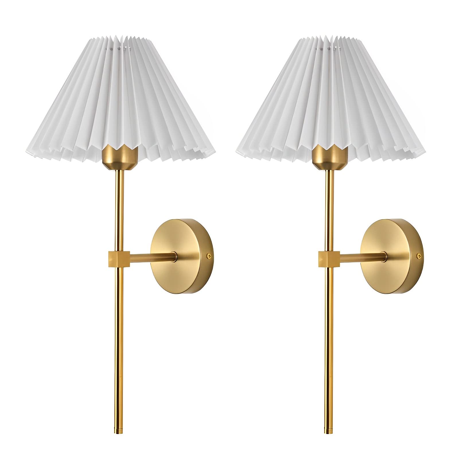 MESOVFCA Dimmable Wall Sconces Set of Two, Wall Lamp with White Fabric Shade, Wall Light Bathroom Vanity Light Fixture, Bulbs Included, Antique Brass