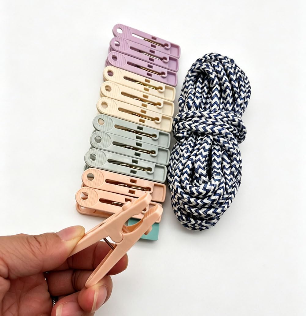 2 Sets Clothesline with 24 Colorful Clothespins Clips, 26ft Nylon Braided Clothes Line for Laundry, Backyard, Balcony Drying Home Balcony, Cruise Beach Vacation Camping Essentials(Random Color)