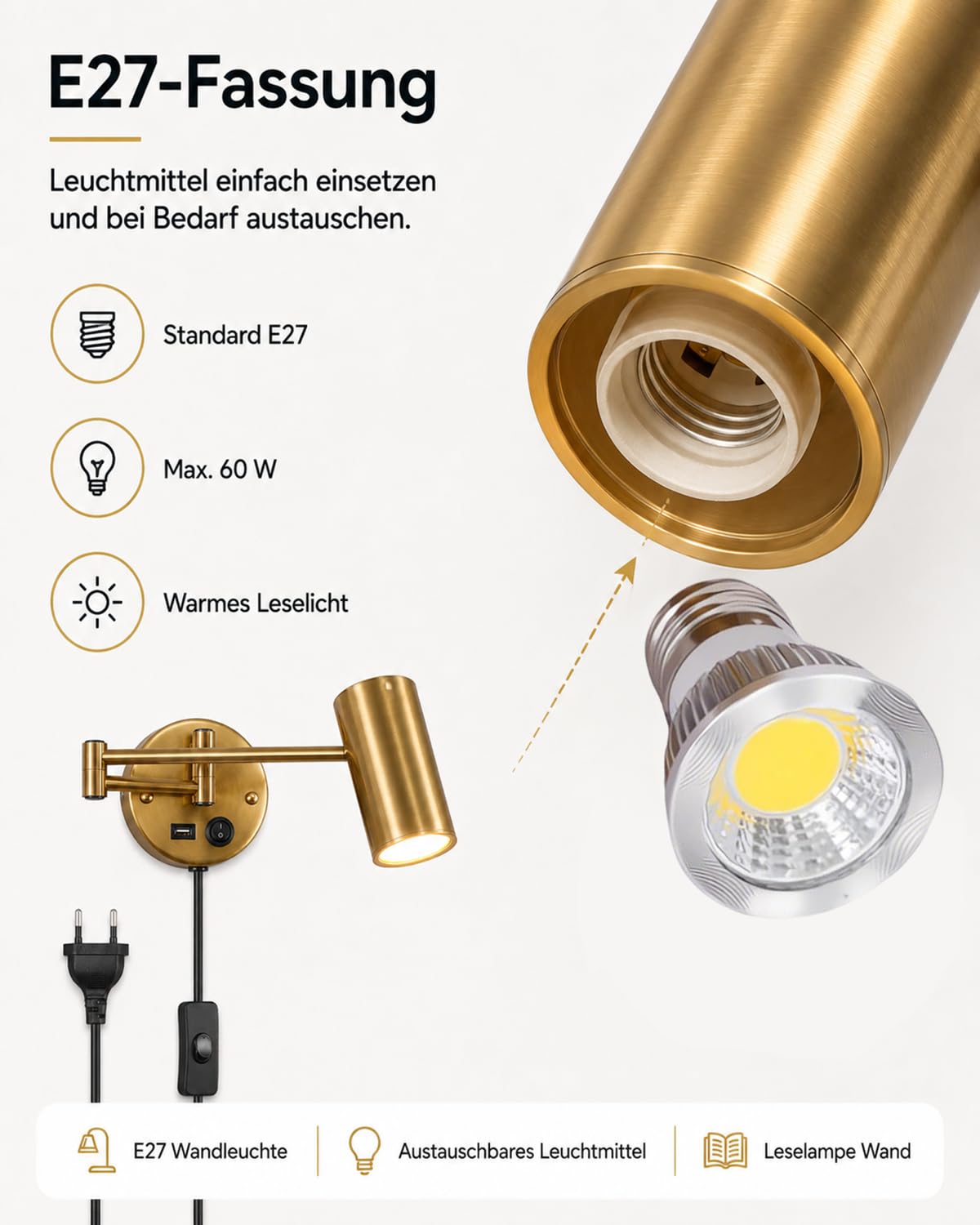 Wandleuchte mit Stecker und Schalter, Leselampe Wand Gold mit USB Ladeport, Schwenkarm Wandlampe E27 mit 150cm Kabel, 3000K Warmweiß Nachttischlampe für Schlafzimmer Wohnzimmer