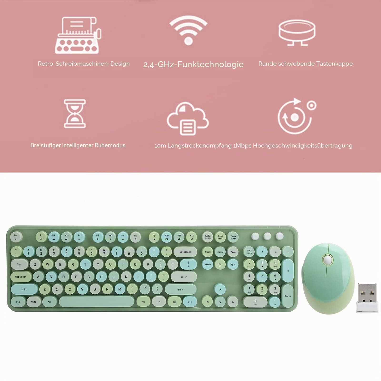 Set aus kabelloser Tastatur und Maus, leise, langlebig, ergonomisch, leise, diskret, 104 Tasten im Retro-Stil, abgerundet, mit USB-Empfänger, Pastellgrün, für XP/Win7/Win8/Win10