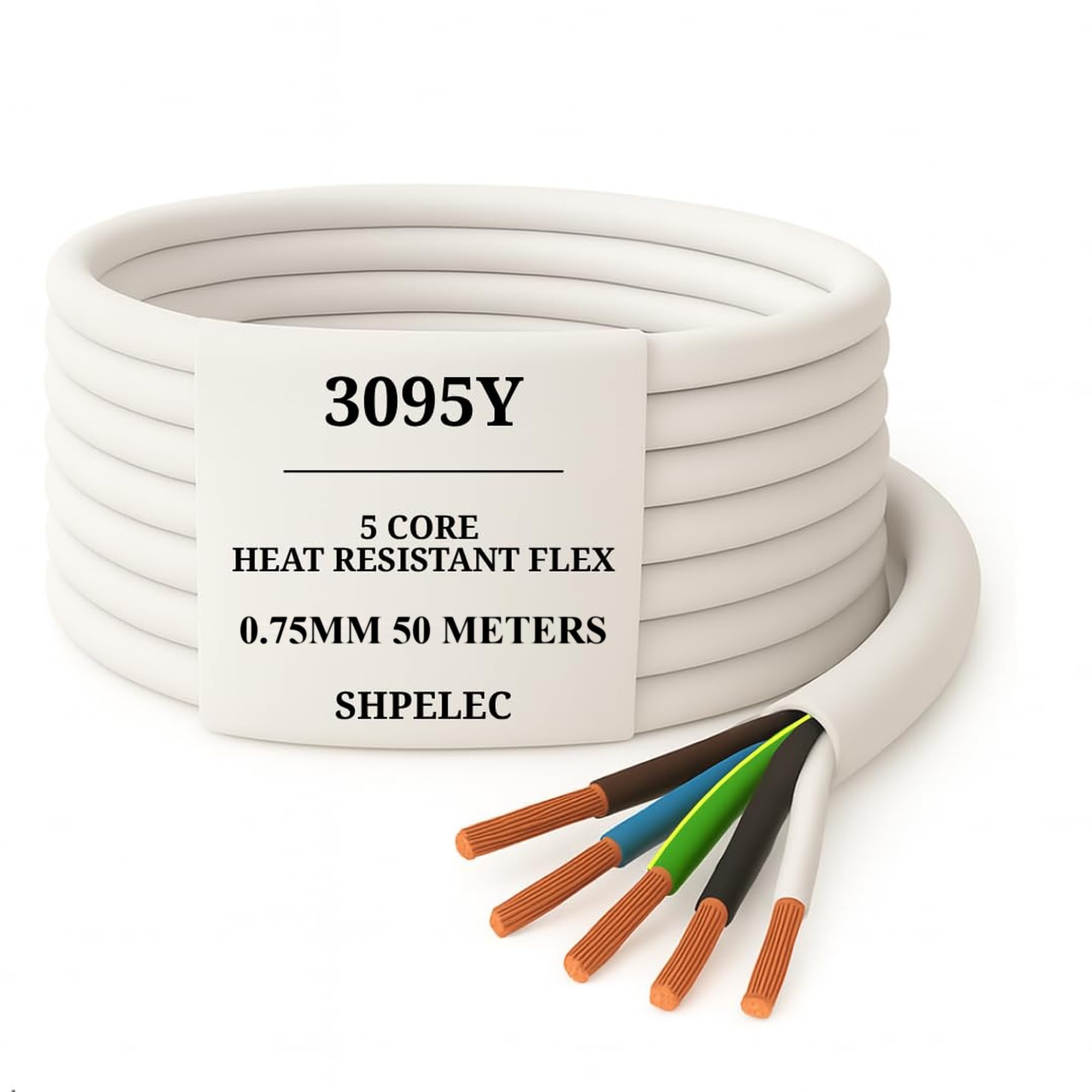 SHPELEC® 3095Y 5 Core Heat Resistant Flexible Cable 0.75mm² White, 300/500V 6A, 90°C Fine-Stranded Copper Flex, BASEC HAR UKCA CE, Central Heating Controls & Indoor Appliance Wiring - 50m Cut Length