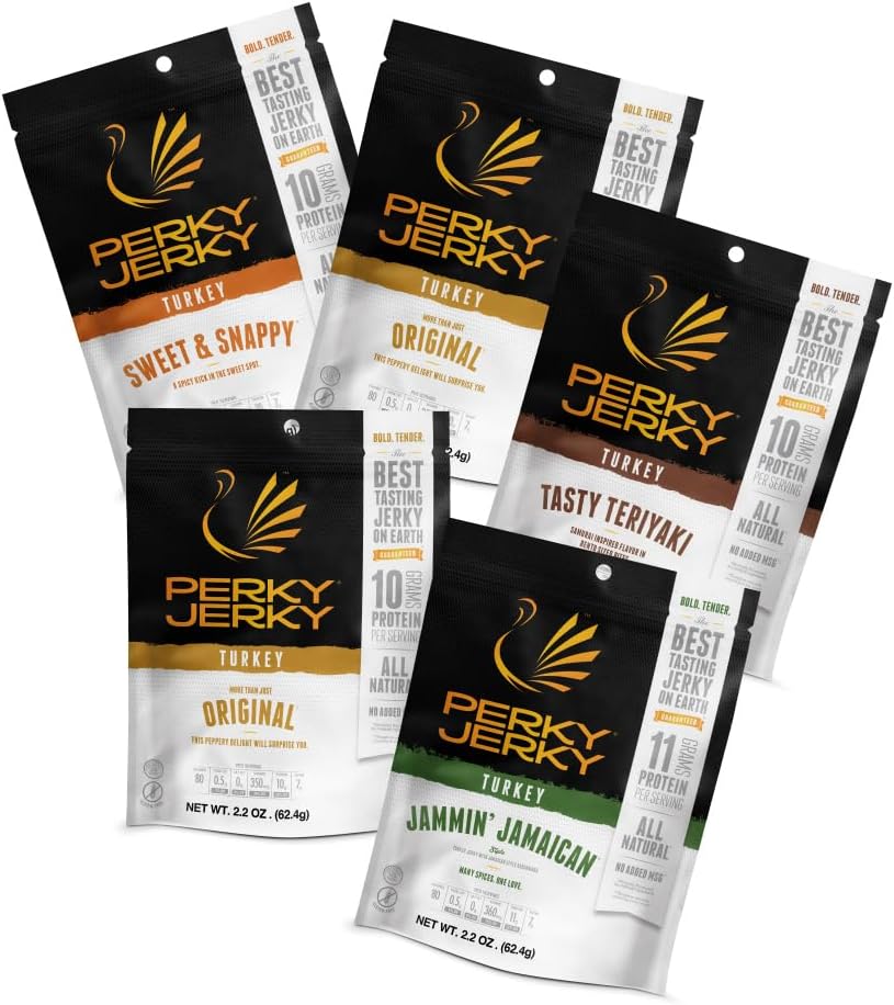Turkey Jerky Variety, 2.2 oz (Pack of 5) - Low Sodium - 7-10g Protein per Serving - Low Fat - 100% U.S. Sourced - Non-GMO