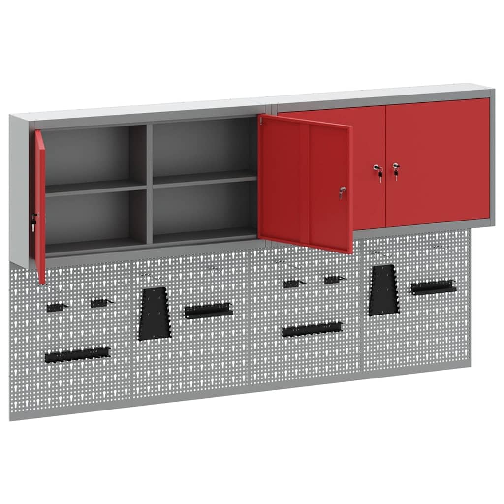 Szafa narzędziowa, zestaw 6 szt., kolor czerwony, ze stali malowanej proszkowo, montowana na ścianie, 200 x 20 x 115 cm, z metalowymi półkami i pegboardem, do warsztatu, garażu, wewnątrz