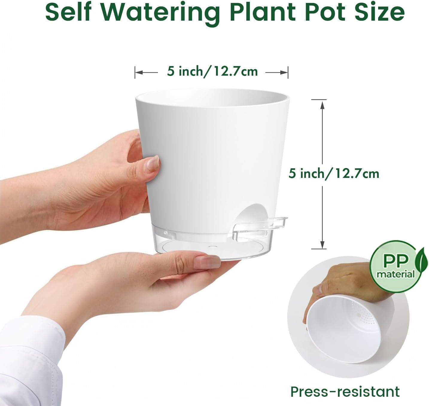 Meowell 5 inch Self Watering Flower Pots for Indoor Plants, 5 Pack Small Plant Pots with Drainage Holes & Clear Reservoir for Visible Water Level, Plastic Wicking Planter Pots for House Plants, White