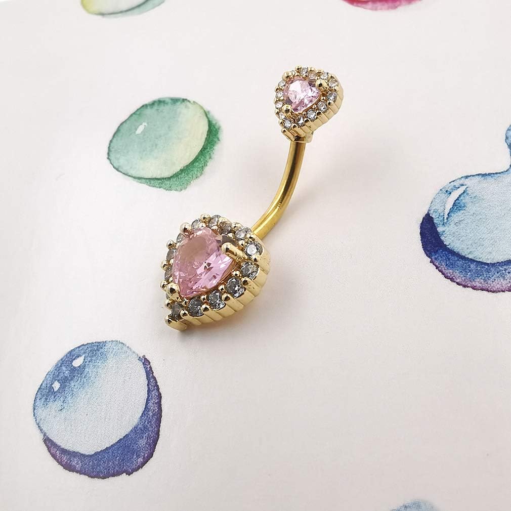 Excepro 14G(1.6mm) Double Heart Cubic Zirconia Navel Belly Button Ring 316L Stainless Steel Bar Piercing Jewelry - Image 3