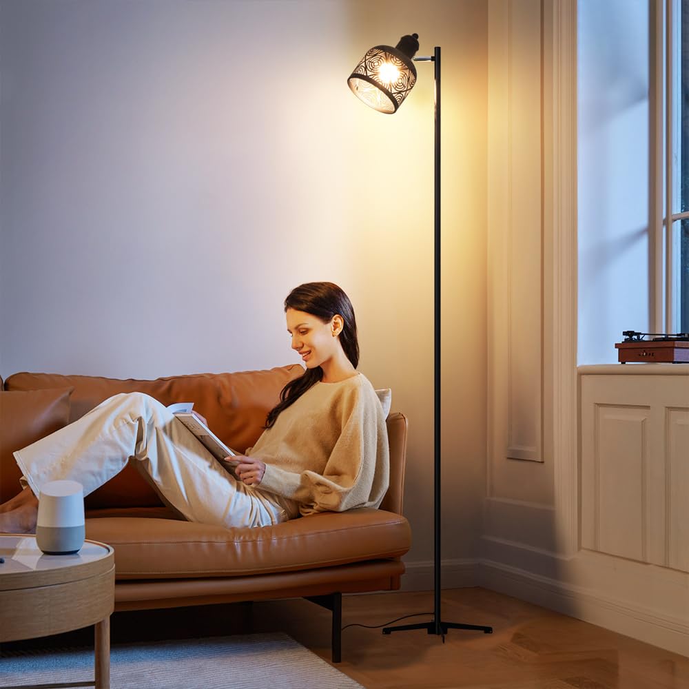 Lámpara de Pie de Hierro Negro de 58,7", 3 temperaturas de Color, ángulo Ajustable, lámpara de Poste Alto, Luces de esquina para Sala de estar Interior con interruptor táctil, casquillo E27