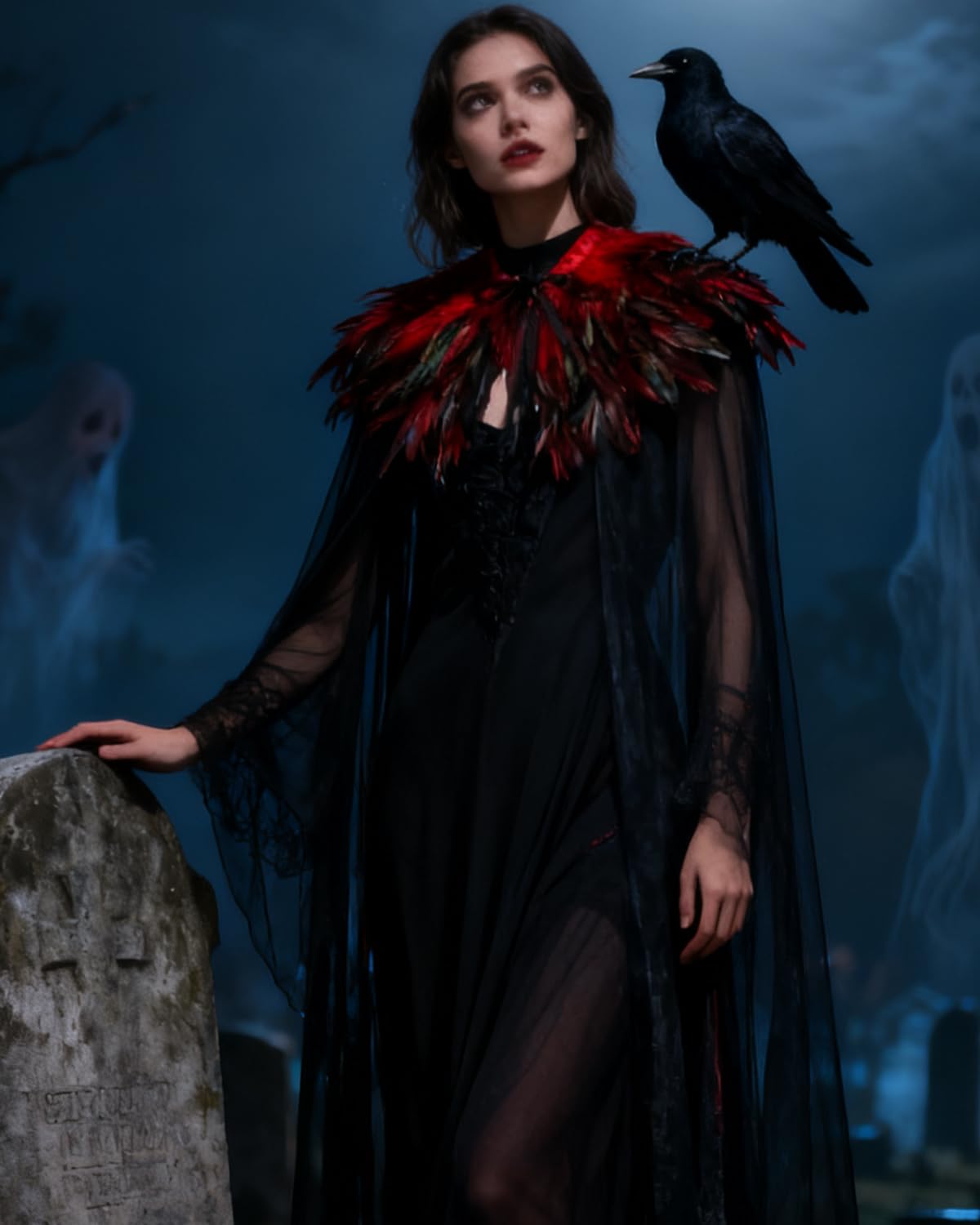 keland Cape Tulle Noir avec Châle à Col de Plumes Déguisement Maléfique Halloween (Rouge)