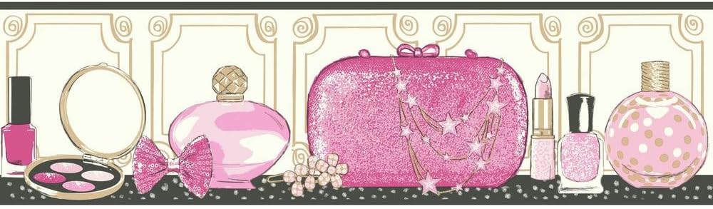 York Wallcoverings Growing Up Kids Glitz and Gla Removable Wallpaper Border Pinks, White, Gold, Black